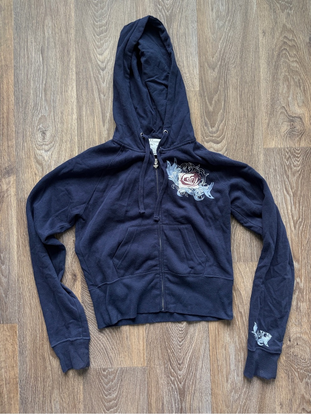 Vintage Y2K Roxy Zip Hoodie Navy Surf Graphic Embroidered Heart Medium